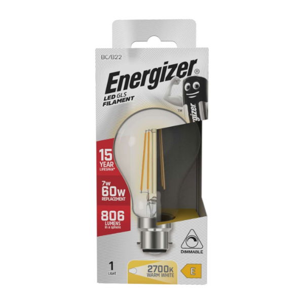 Energizer LED Filament GLS B22 (BC) 806lm 7W Bulb Dimmable