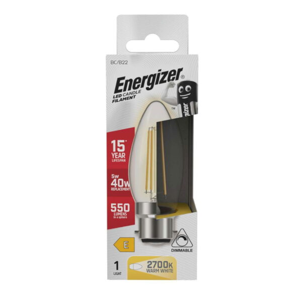 Energizer LED Filament Candle B22 (BC) 470lm 5W Bulb Dimmable